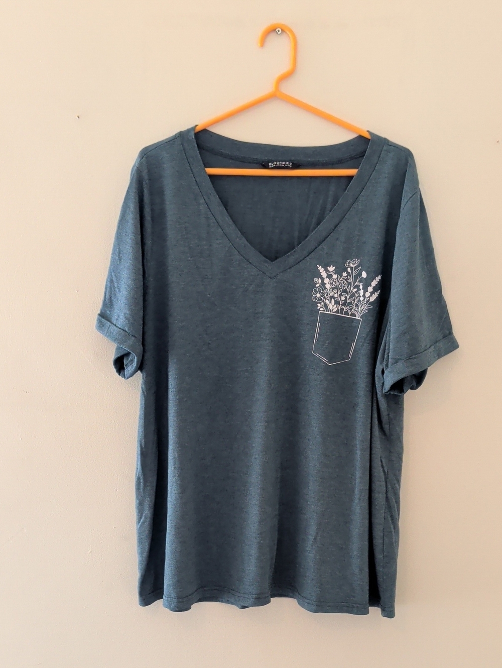 BloomChic Teal V-Neck Pocket Tee with White Botanical Sketch